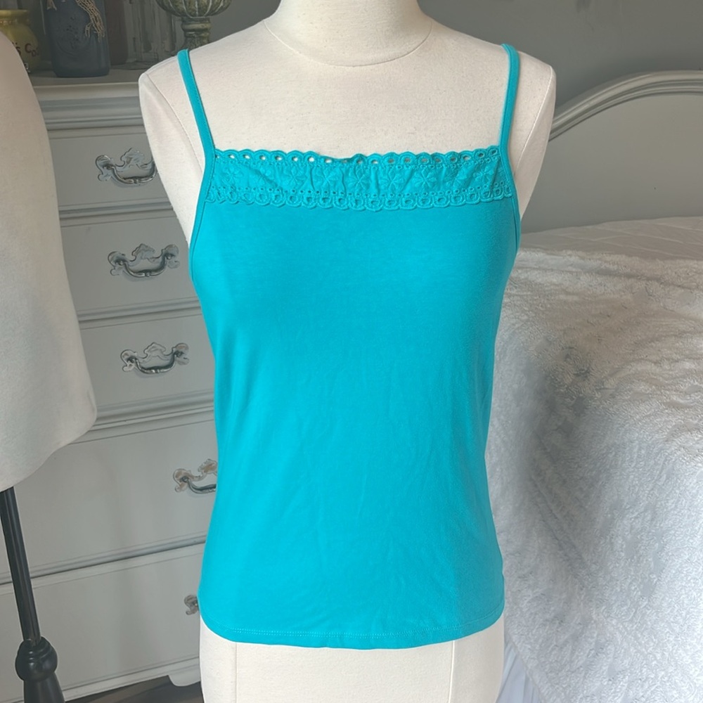 Blue Teal Eyelet Trim Spaghetti Strap Babydoll Top Fits Women’s XS Small